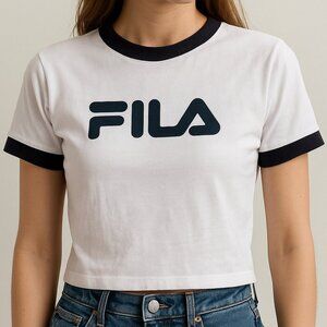 FILA White Ringer Tee | Size XS | Black Trim Logo Shirt